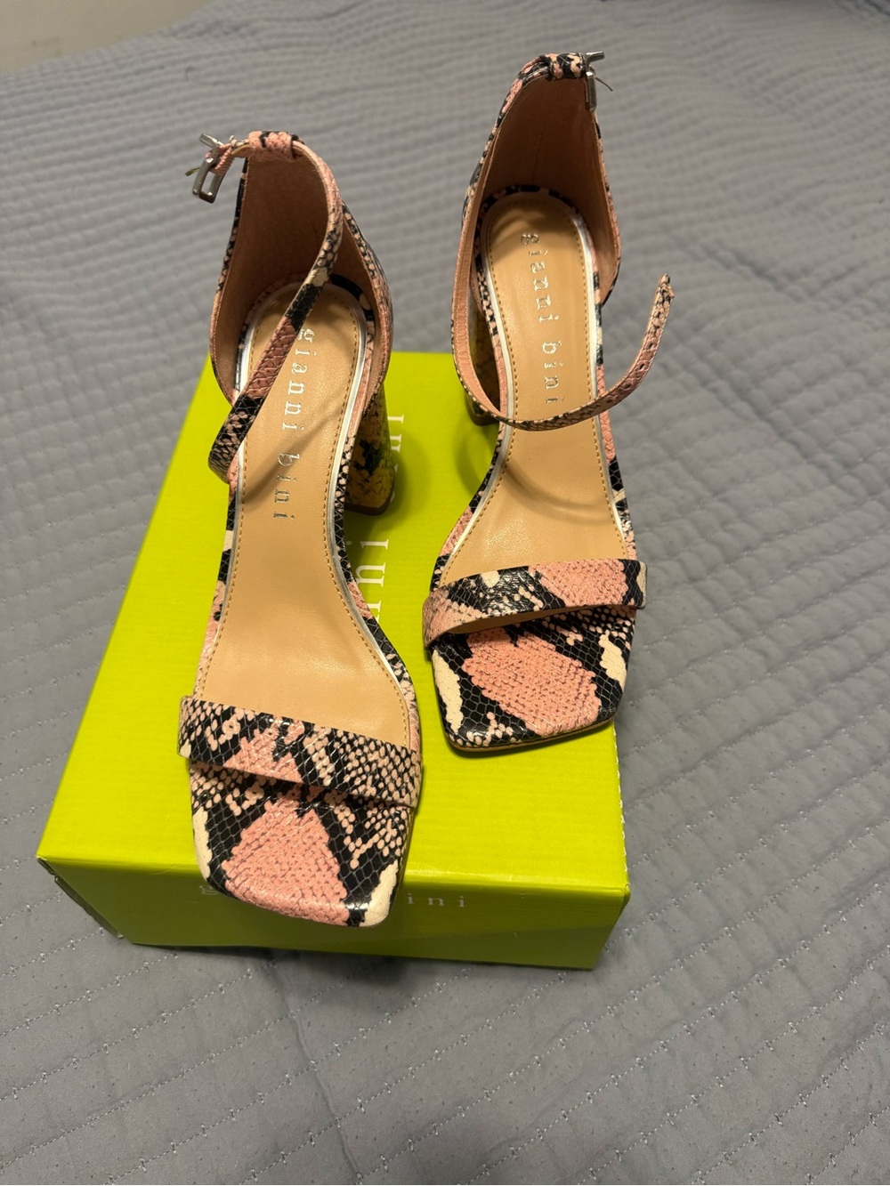 Gianni Bini Pink Snake-Print Ankle-Strap Sandals